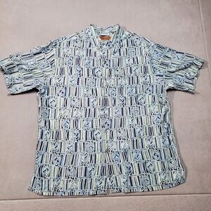 Tori Richard Shirt Mens Large Blue Green Silk Blend Floral Aloha Vacation Cruise